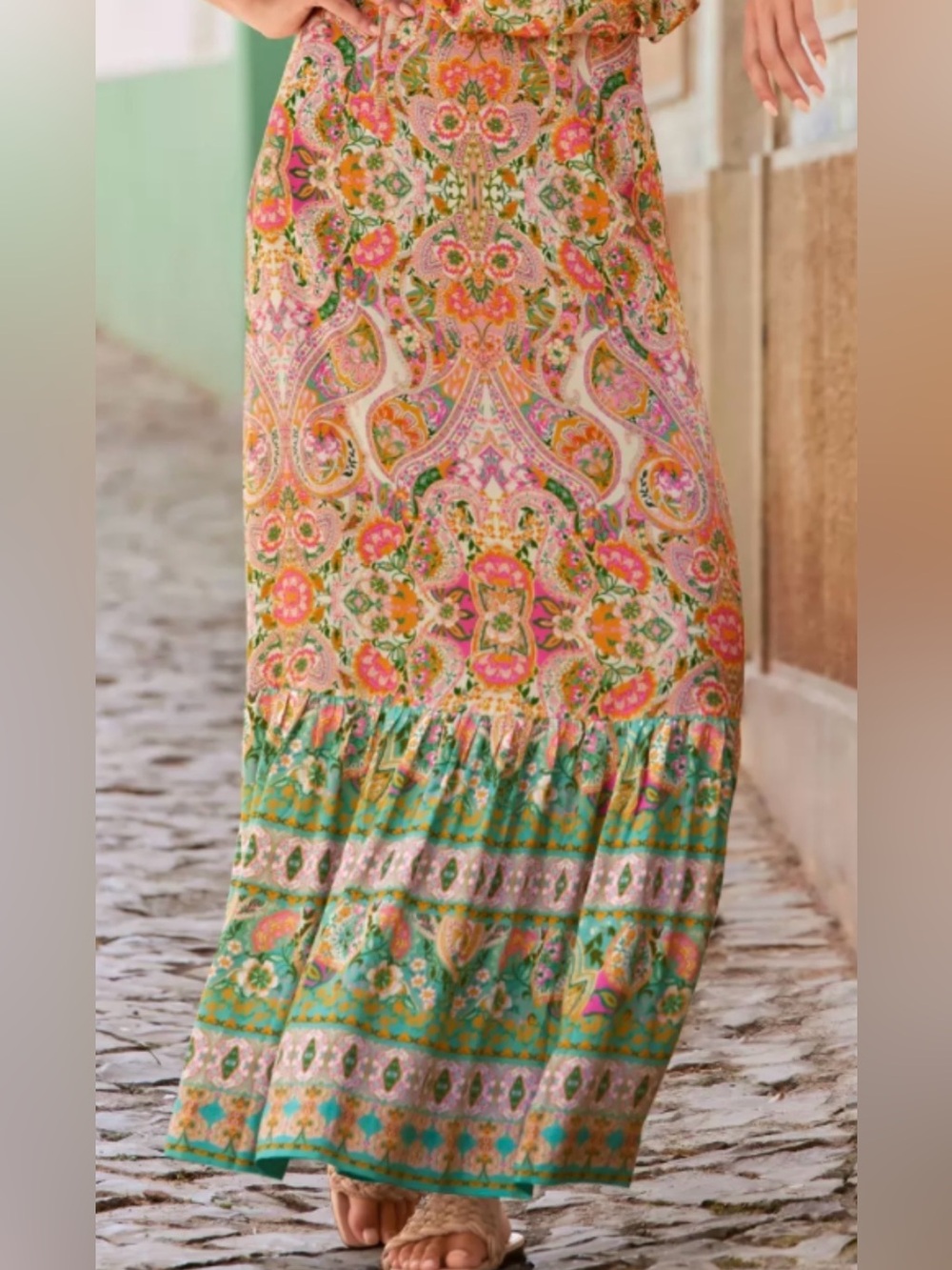 Boston Proper Beach Club Boho Maxi Skirt in Pink, Turquoise and Green Size L